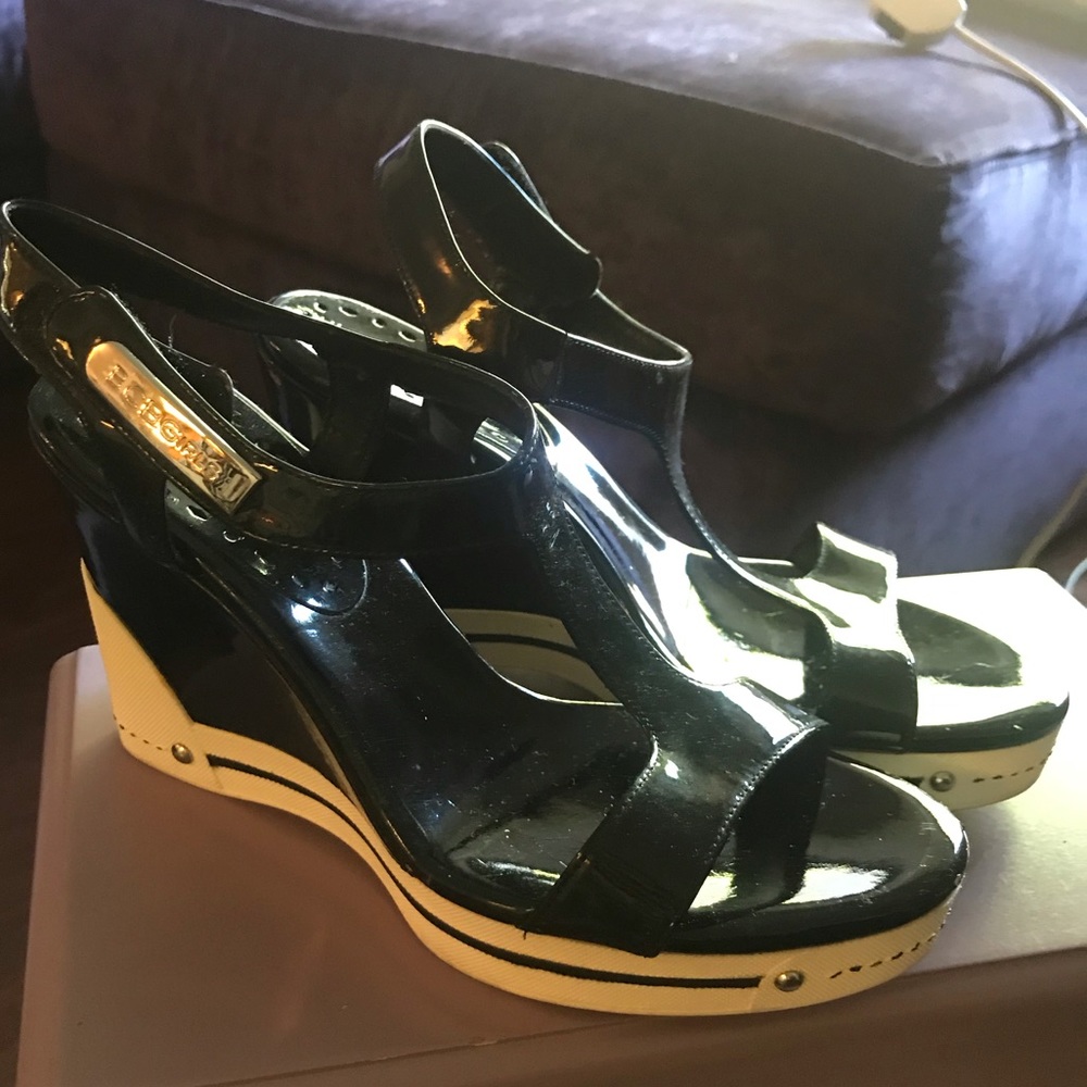 BCBG Black Patent Leather Wedge Sandals